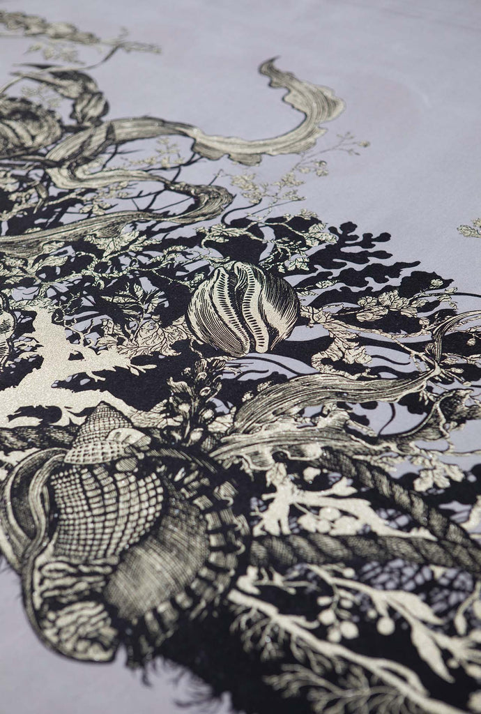 Shell & Crab Velvet Panel Black & Pale Gold on Navy
