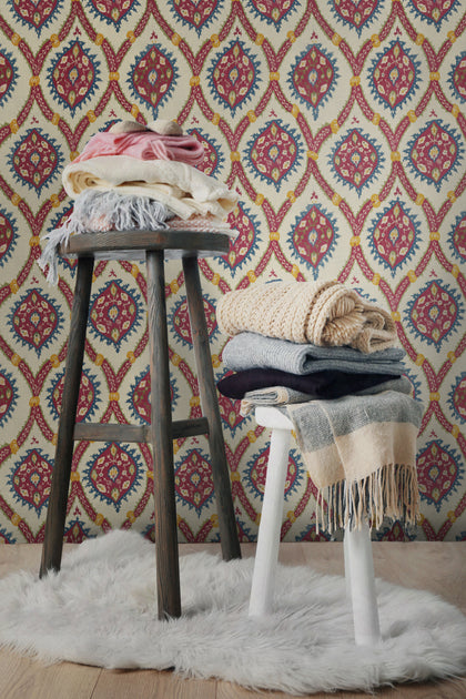 Ottoman Taupe - Taupe, Blue, Yellow, Red Wallcovering | Mind the Gap