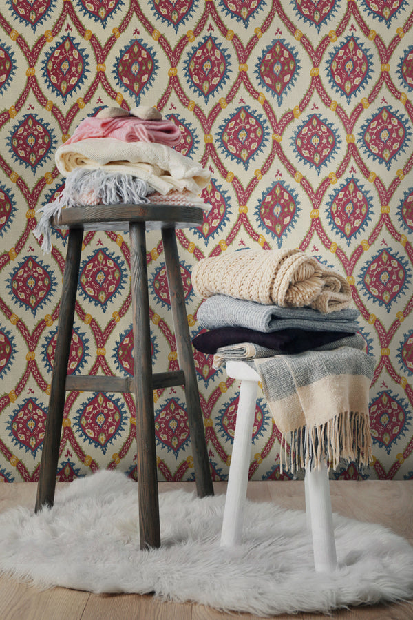 Ottoman Taupe - Taupe, Blue, Yellow, Red Wallcovering | Mind the Gap