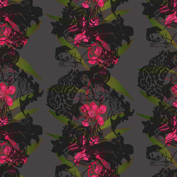 Oriental Orchid Reds & Greens on Black | Timorous Beasties Wallcovering