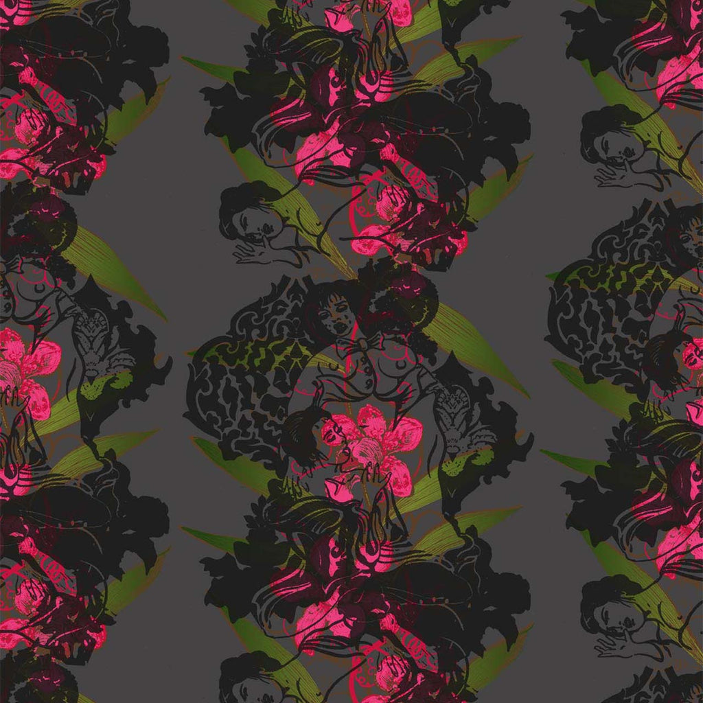 Oriental Orchid Reds & Greens on Black