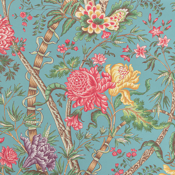 Luberon - Aqua/Multi Turquoise By Brunschwig & Fils | Manoir Wallcoverings |Botanical & Floral Jacobeans Wallcovering Print
