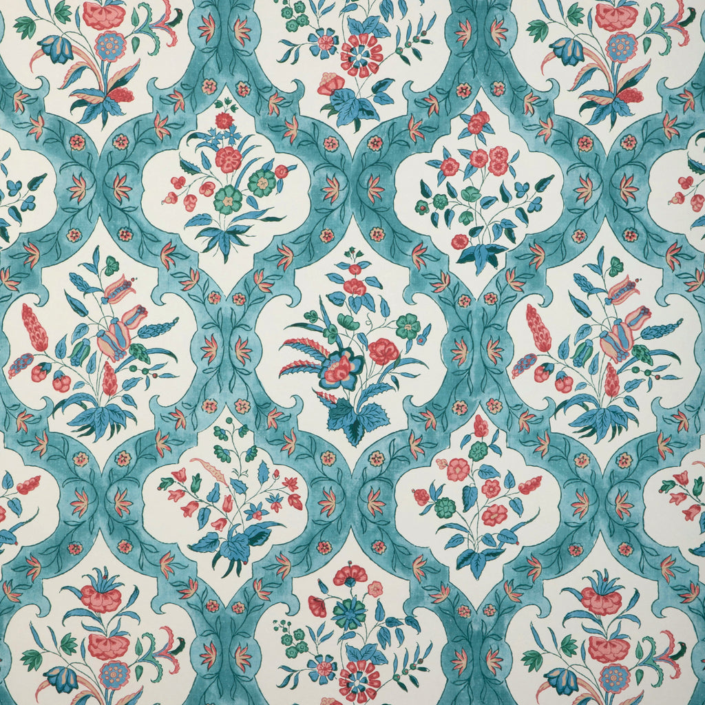 Ventoux - Teal/Rose White By Brunschwig & Fils | Cadenet Wallcoverings |Botanical & Floral Damask Wallcovering Print