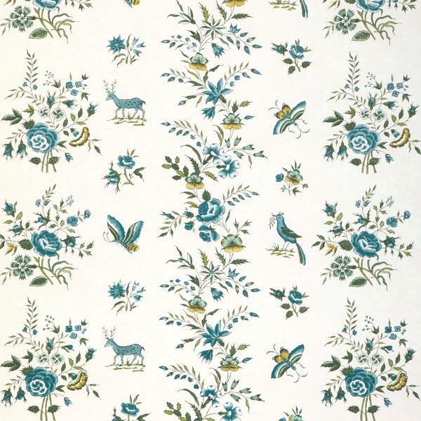 Aurel - Aqua/Leaf White By Brunschwig & Fils | Cadenet Wallcoverings |Animal/Insects Botanical & Floral Wallcovering Print