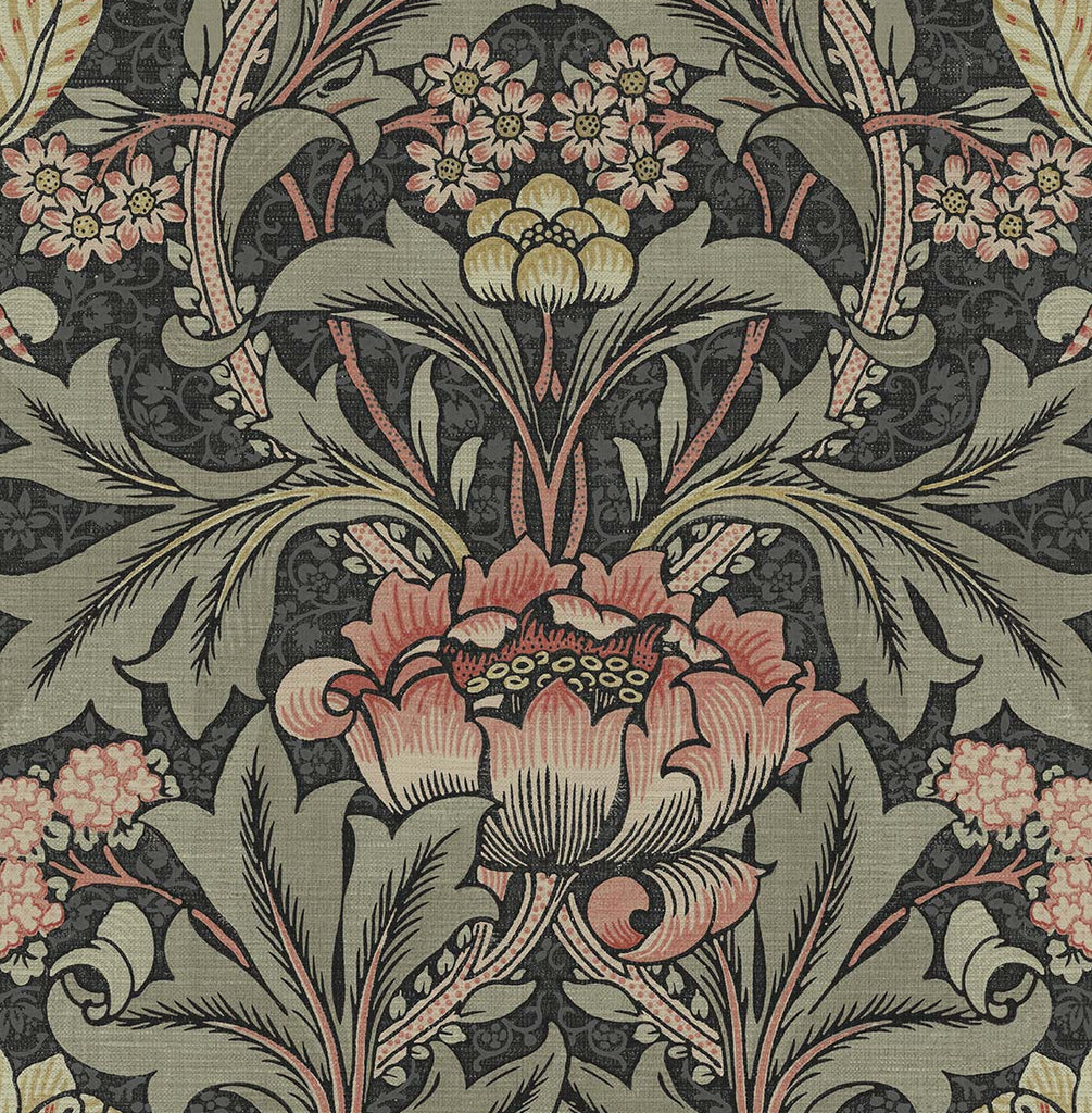 Malibu Acanthus Floral Prepasted Wallpaper - Vintage Floral - Charcoal & Rosewood | Malibu Wallpaper