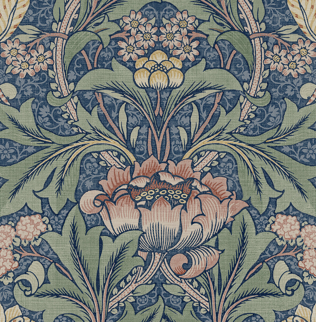 Malibu Acanthus Floral Prepasted Wallpaper - Vintage Floral - Denim Blue & Salmon | Malibu Wallpaper