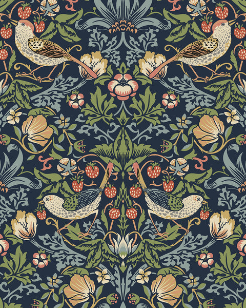 Malibu Fragaria Garden Prepasted Wallpaper - Vintage Animal Print - Midnight Blue | Malibu Wallpaper