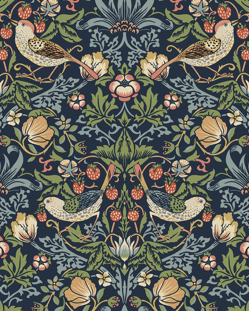 Malibu Fragaria Garden Prepasted Wallpaper - Vintage Animal Print - Midnight Blue | Malibu Wallpaper