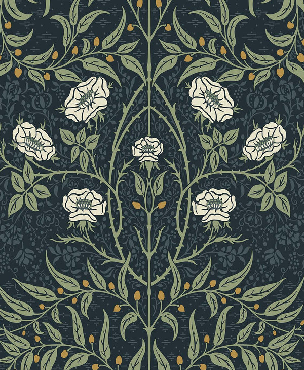 Stenciled Floral Prepasted Vintage Floral - Navy & Sage | Architectural Wallcoverings