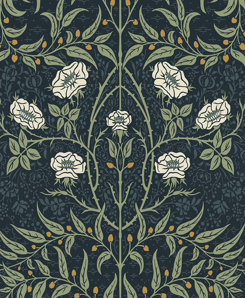 Malibu Stenciled Floral Prepasted Wallpaper - Vintage Floral - Navy & Sage | Malibu Wallpaper