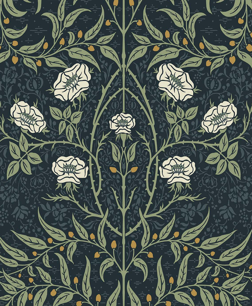 Malibu Stenciled Floral Prepasted Wallpaper - Vintage Floral - Navy & Sage | Malibu Wallpaper