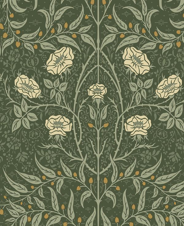 Stenciled Floral Prepasted Vintage Floral - Evergreen | Architectural Wallcoverings