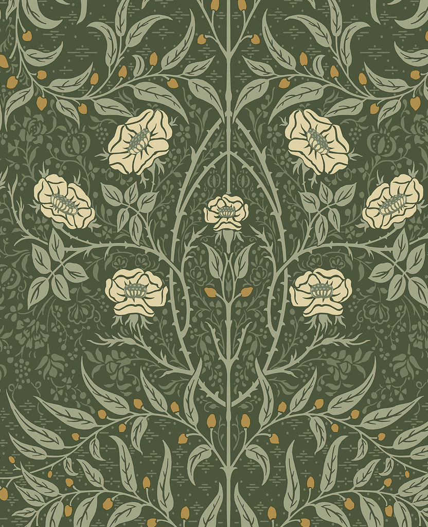 Malibu Stenciled Floral Prepasted Wallpaper - Vintage Floral - Evergreen | Malibu Wallpaper