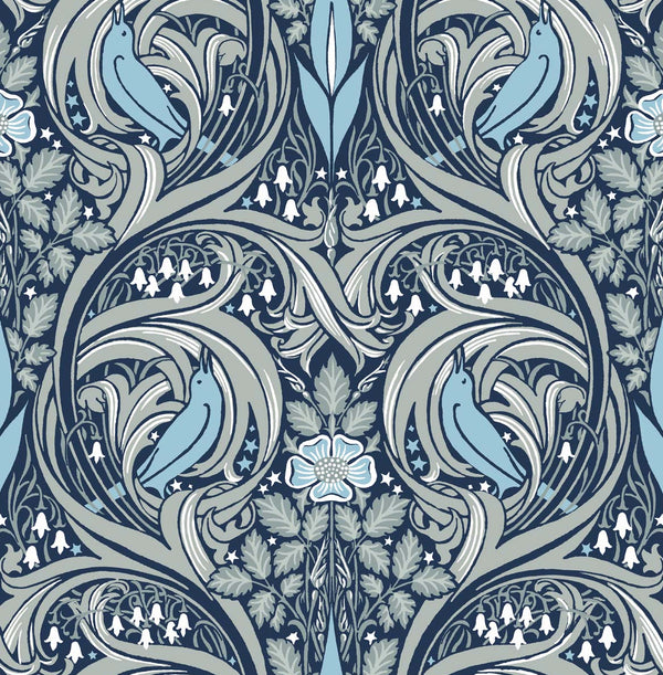 Bird Ogee Prepasted Vintage Animal Print - Navy & Sky Blue | Architectural Wallcoverings