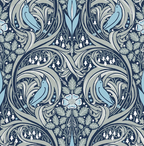 Malibu Bird Ogee Prepasted Wallpaper - Vintage Animal Print - Navy & Sky Blue | Malibu Wallpaper