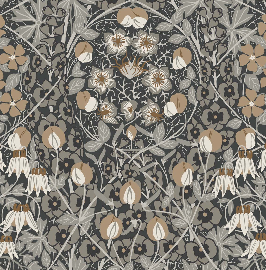 Malibu Tulip Garden Prepasted Wallpaper - Vintage Floral - Wrought Iron & Chamois | Malibu Wallpaper