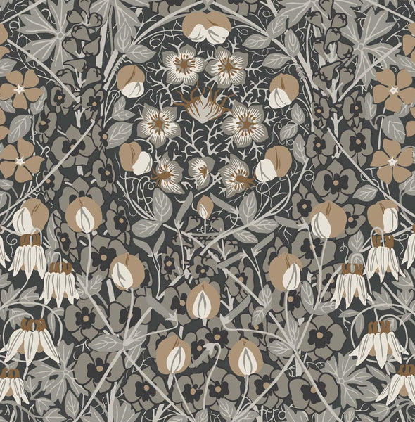 Malibu Tulip Garden Prepasted Wallpaper - Vintage Floral - Wrought Iron & Chamois | Malibu Wallpaper