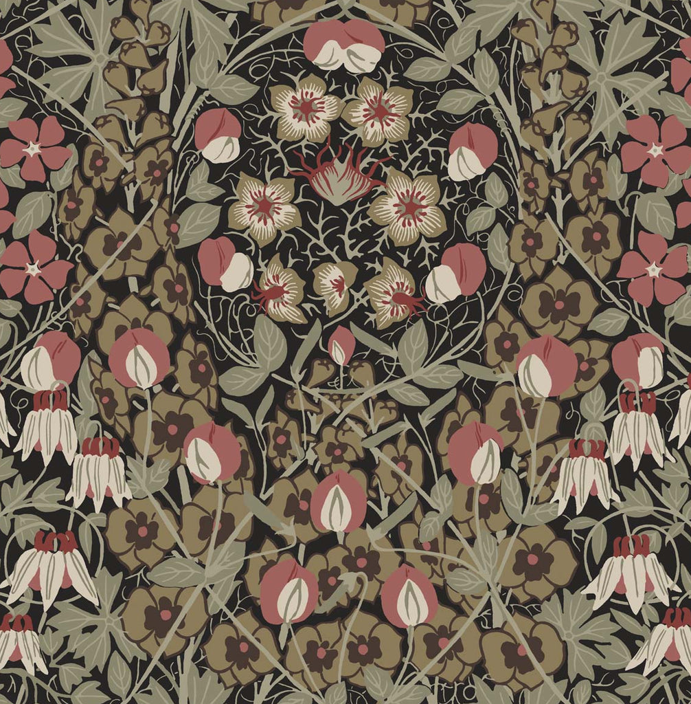 Malibu Tulip Garden Prepasted Wallpaper - Vintage Floral - Ebony & Red Clay | Malibu Wallpaper