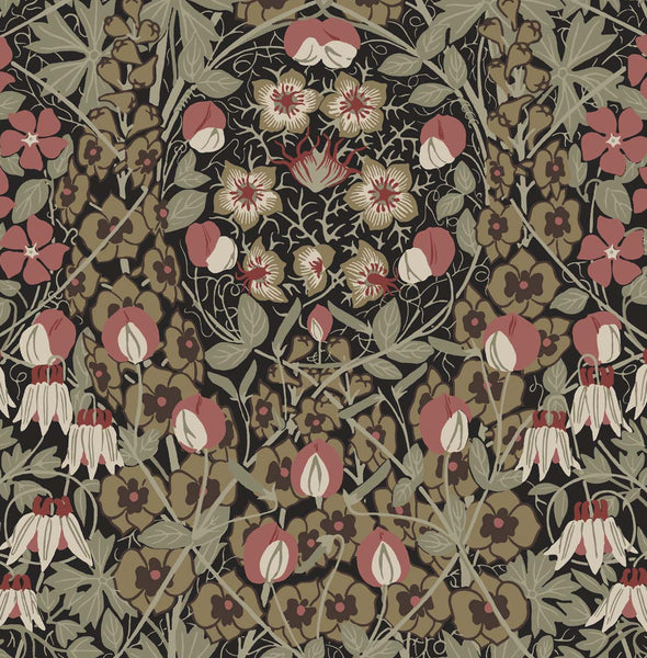 Malibu Tulip Garden Prepasted Wallpaper - Vintage Floral - Ebony & Red Clay | Malibu Wallpaper