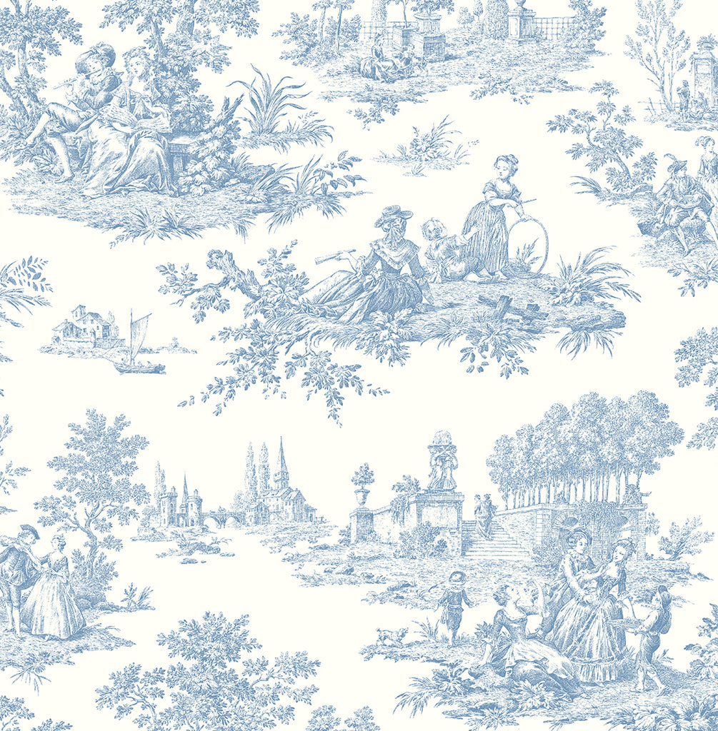 Malibu Chateau Toile Prepasted Wallpaper - Traditional Toile - Blue Bell | Malibu Wallpaper