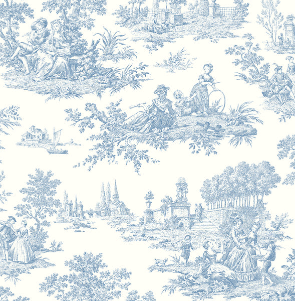Malibu Chateau Toile Prepasted Wallpaper - Traditional Toile - Blue Bell | Malibu Wallpaper