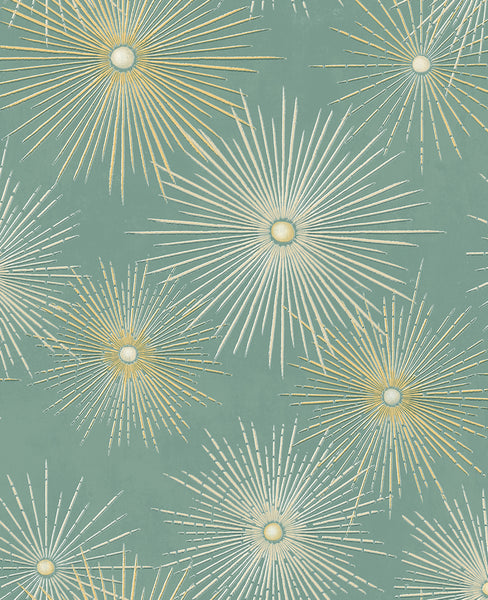 Malibu Starburst Geo Prepasted Wallpaper - Mid Century Geometric - Teal & Gold | Malibu Wallpaper