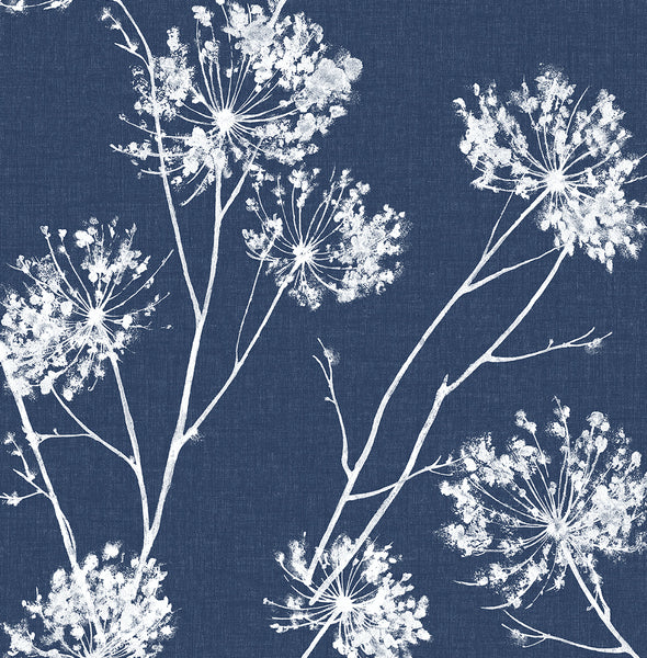 Malibu One O'Clock Prepasted Wallpaper - Contemporary Botanical - Denim Blue | Malibu Wallpaper