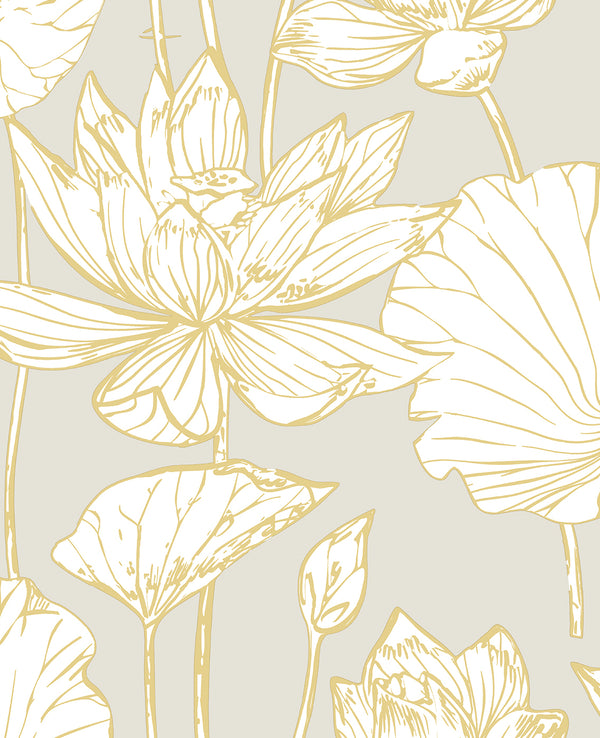 Lotus Floral Prepasted Contemporary Floral - Grey & Gold | Architectural Wallcoverings
