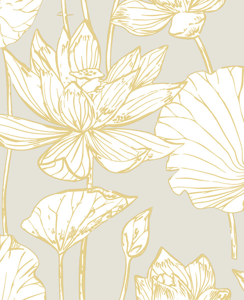 Malibu Lotus Floral Prepasted Wallpaper - Contemporary Floral - Grey & Gold | Malibu Wallpaper