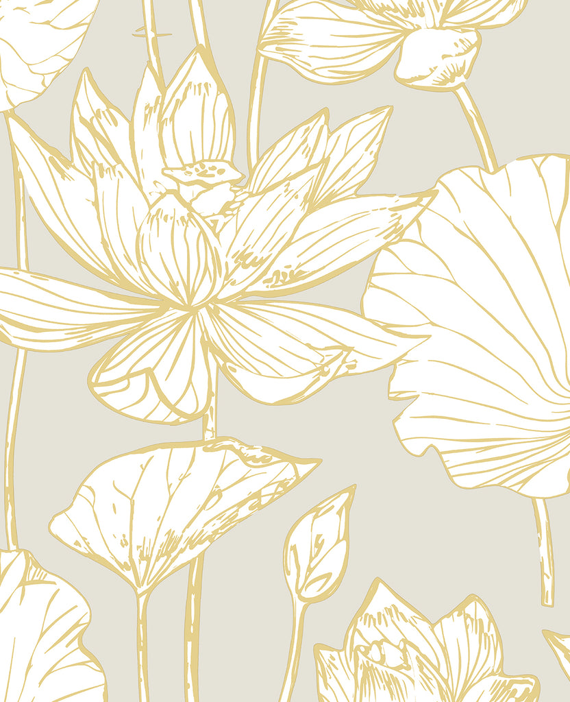 Malibu Lotus Floral Prepasted Wallpaper - Contemporary Floral - Grey & Gold | Malibu Wallpaper