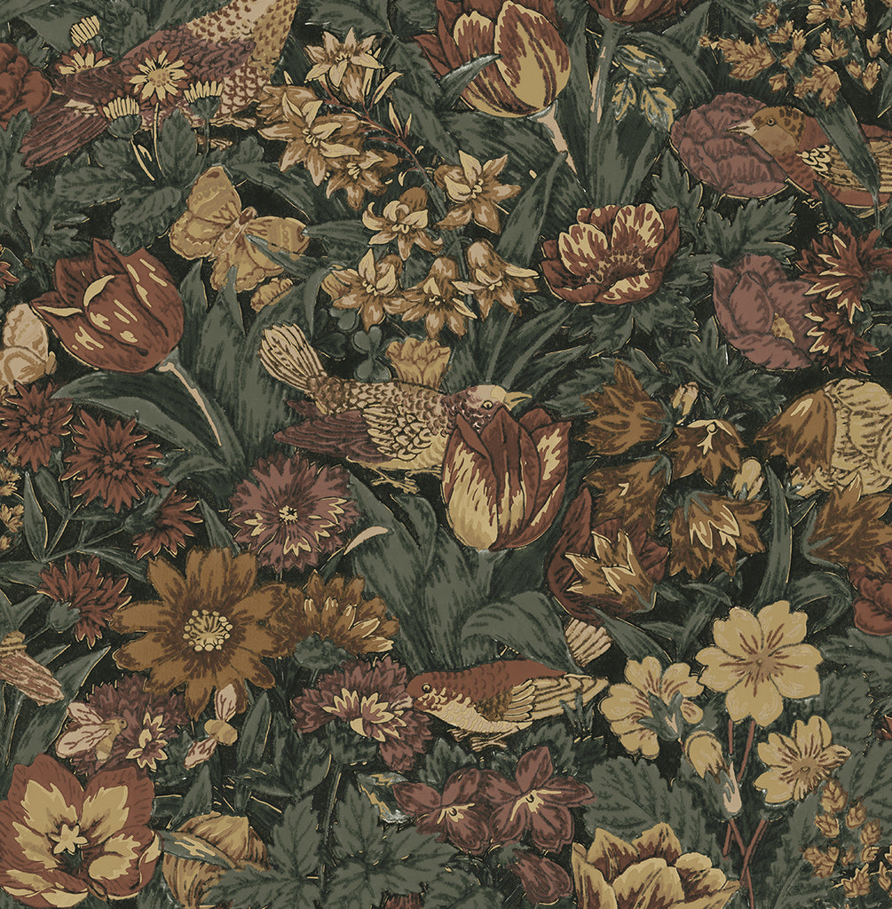 Malibu Bird Floral Prepasted Wallpaper - Vintage Botanical - Mahogany & Graphite | Malibu Wallpaper
