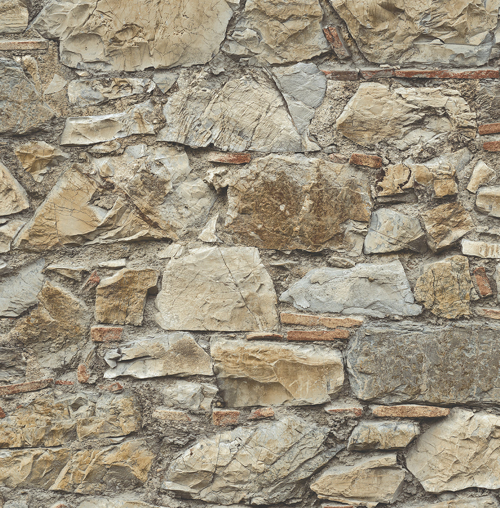 Malibu Faux Stone Wall Prepasted Wallpaper - Industrial Stone - Toffee & Ivory | Malibu Wallpaper