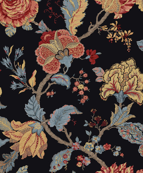Malibu Lana Jacobean Wallpaper - Traditional Floral - Ebony | Malibu Wallpaper