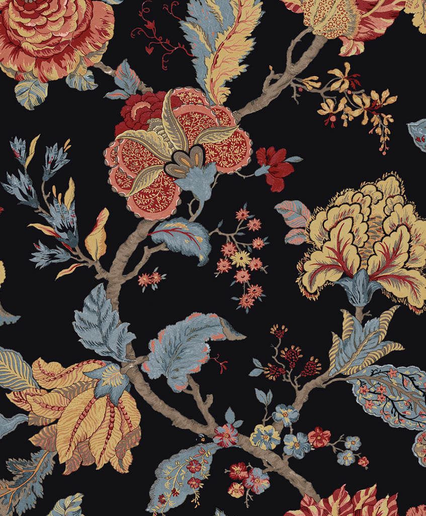Malibu Lana Jacobean Wallpaper - Traditional Floral - Ebony | Malibu Wallpaper