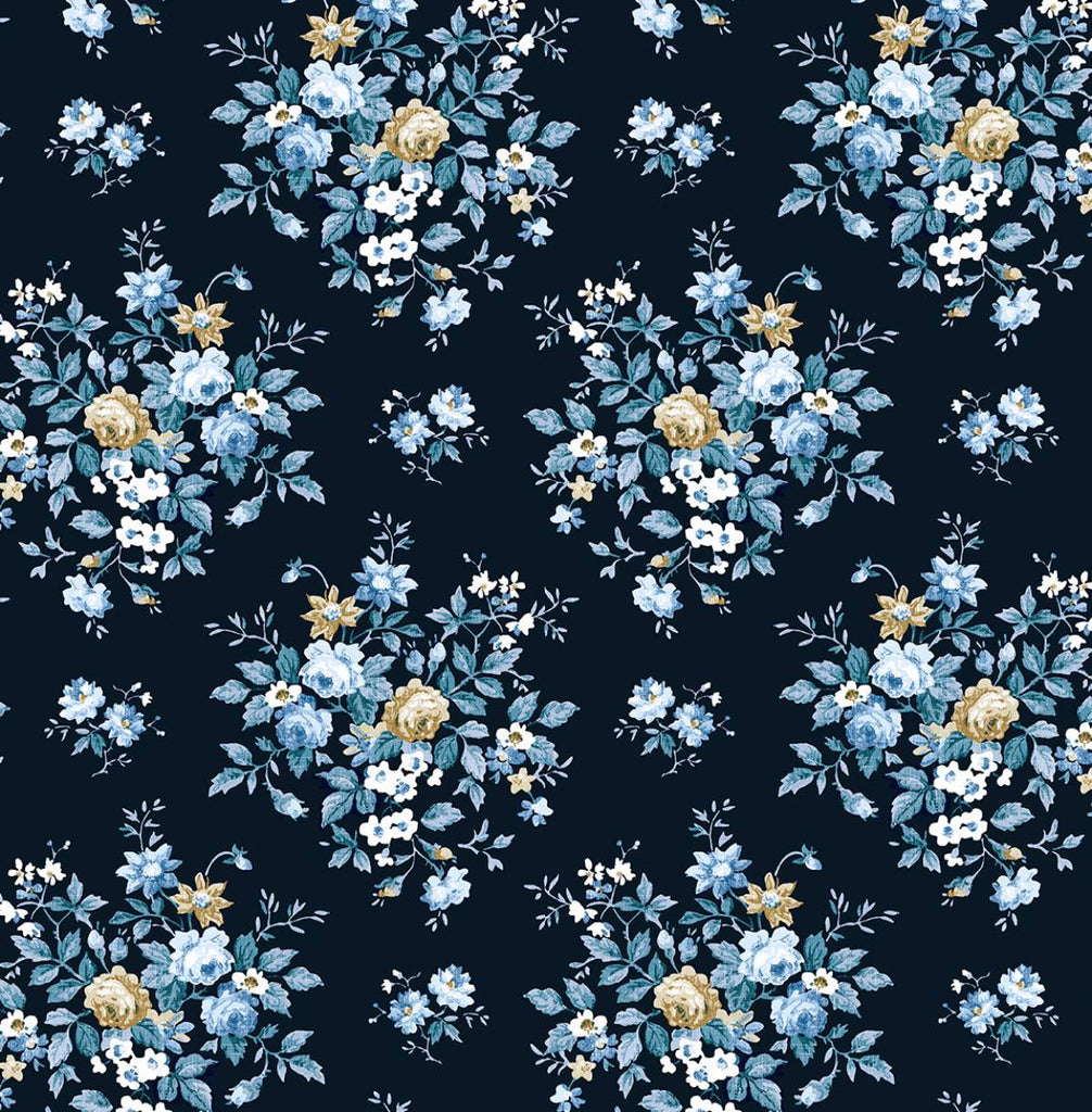 Malibu Floral Bouquet Prepasted Wallpaper - Traditional Floral - Midnight Blue & Toffee | Malibu Wallpaper