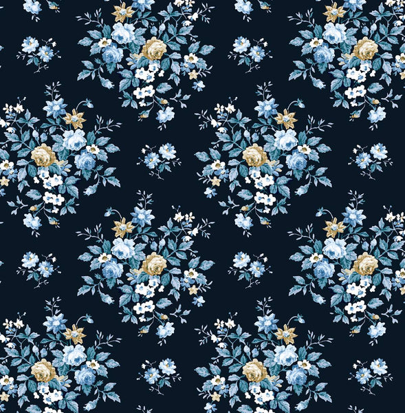 Malibu Floral Bouquet Prepasted Wallpaper - Traditional Floral - Midnight Blue & Toffee | Malibu Wallpaper