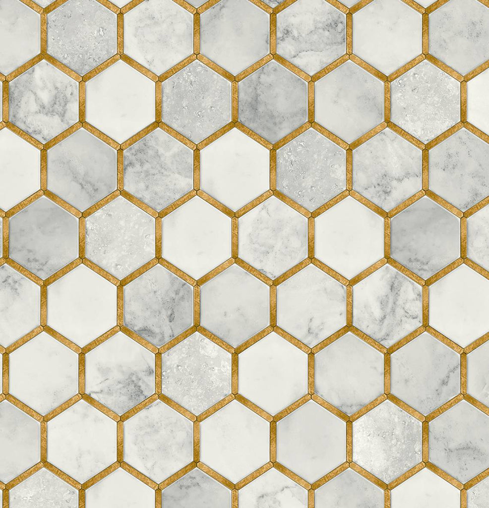 Malibu Faux Hex Tile Wallpaper - Contemporary Tile - Alaska Grey & Metallic Gold | Malibu Wallpaper