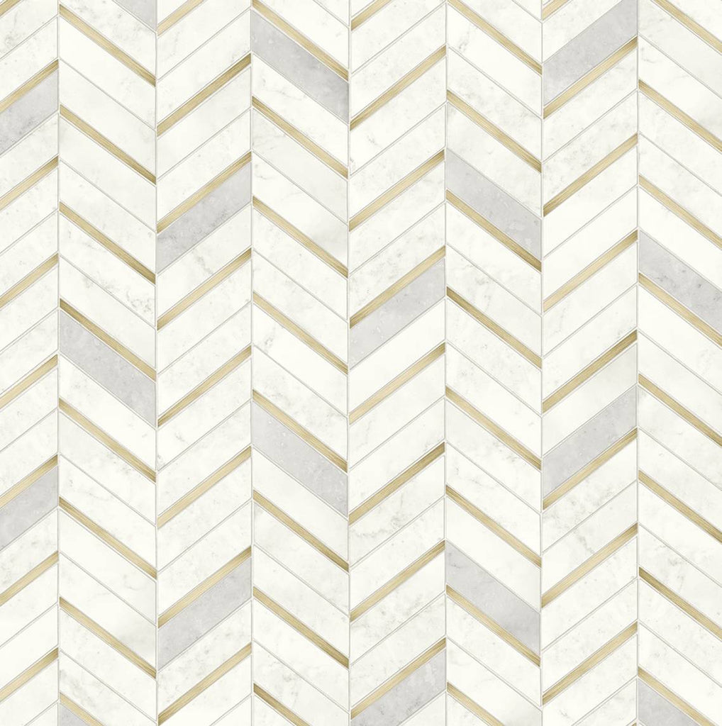 Malibu Chevron Faux Tile Wallpaper - Contemporary Tile - Gold & Pearl Grey | Malibu Wallpaper