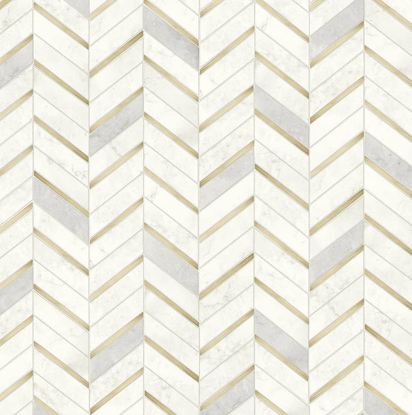 Malibu Chevron Faux Tile Wallpaper - Contemporary Tile - Gold & Pearl Grey | Malibu Wallpaper