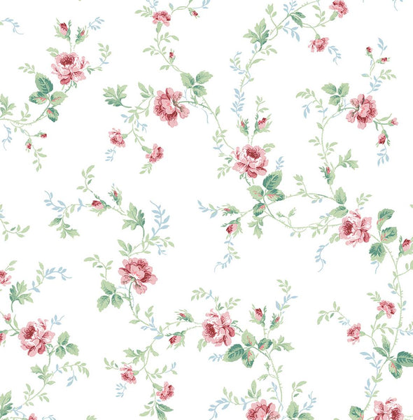 Malibu Meadow Floral Trail Wallpaper - Transitional Floral - Blush & Spearmint | Malibu Wallpaper