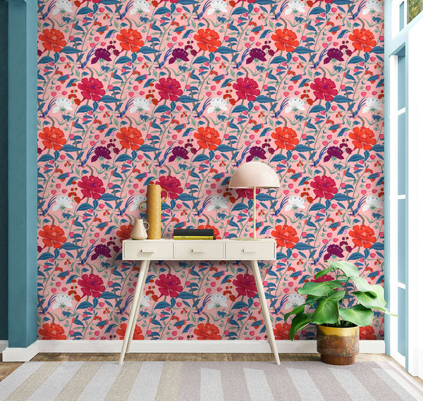 Manila - Rosa Red By Gaston Y Daniela | Gaston Serendipia | Botanical & Floral Wallcovering Print