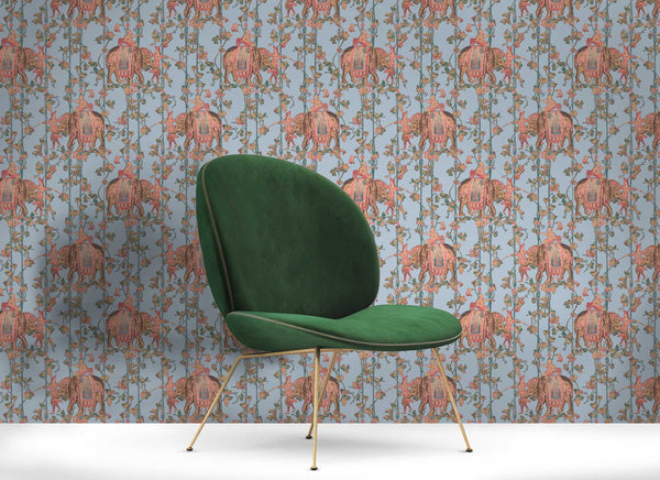 Elefantes - Azul Claro Light Blue By Gaston Y Daniela | Gaston Serendipia |Botanical & Floral Animal/Insects Wallcovering Print
