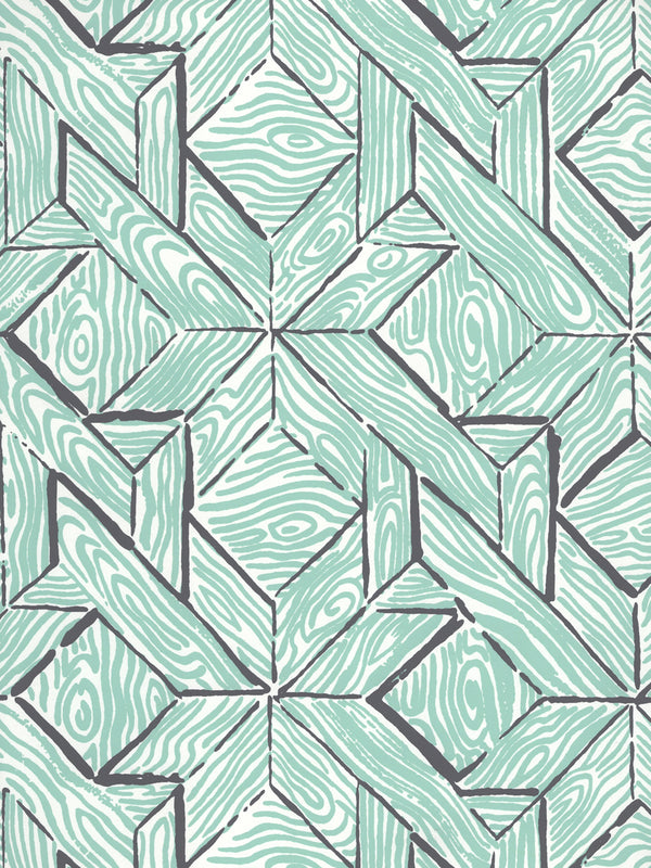 Parquetry Teal Charcoal on White Screen Printed | China Seas