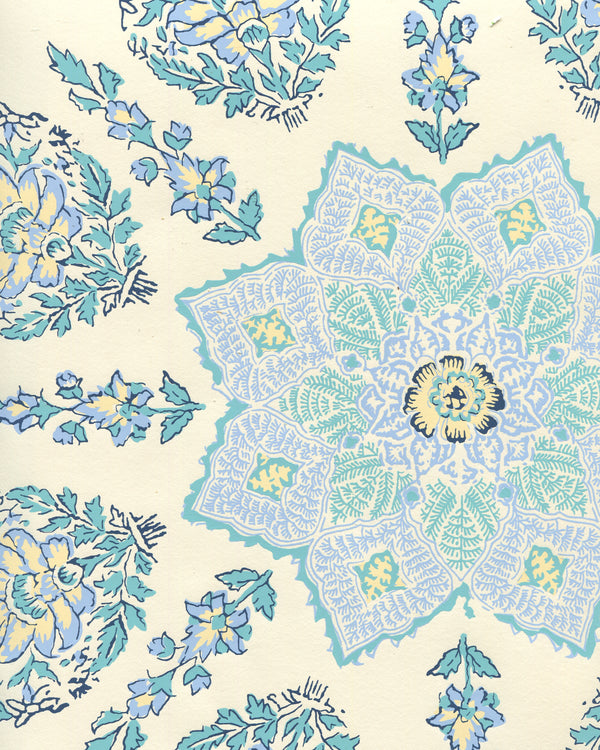Persepolis Celeste Blue on Off White Screen Printed | China Seas