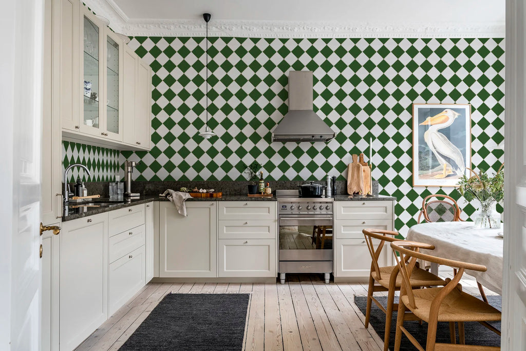 Checkered Tiles, White &amp; Green Wallcoverings