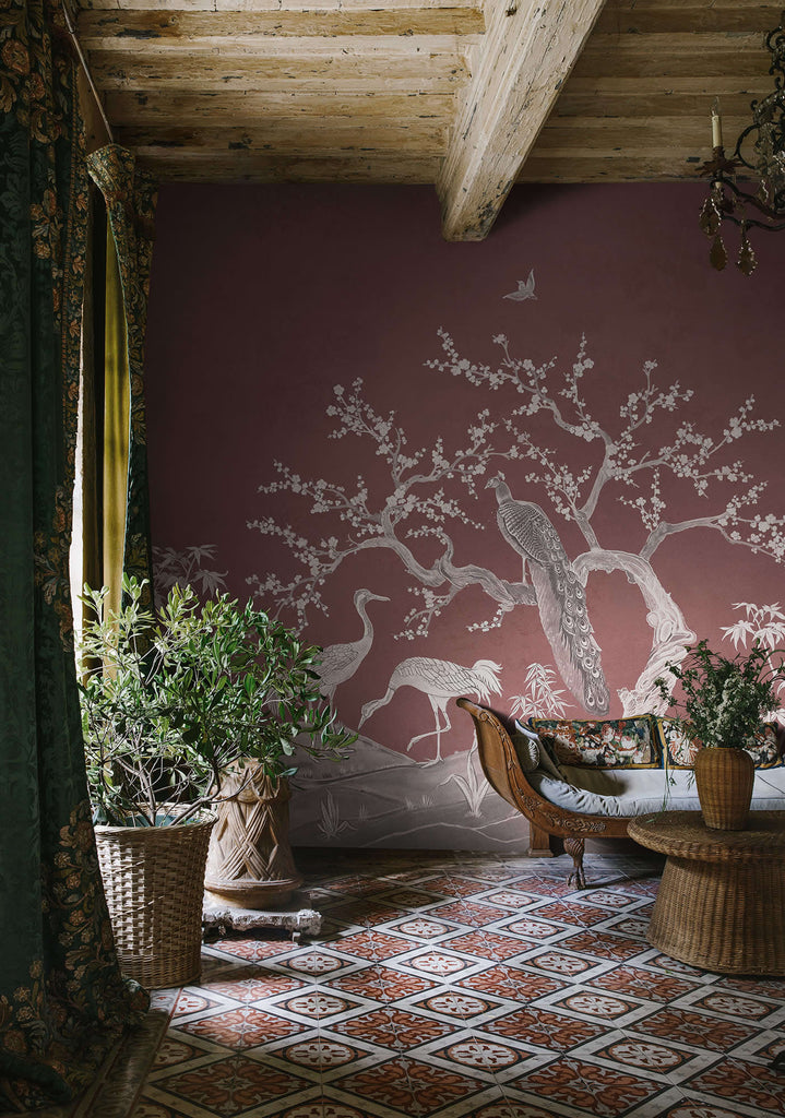 Chinoiserie Blossom, Raspberry Red Wallcoverings