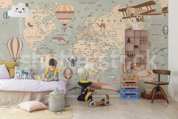 Map of the World Pale Beige | Rebel Walls