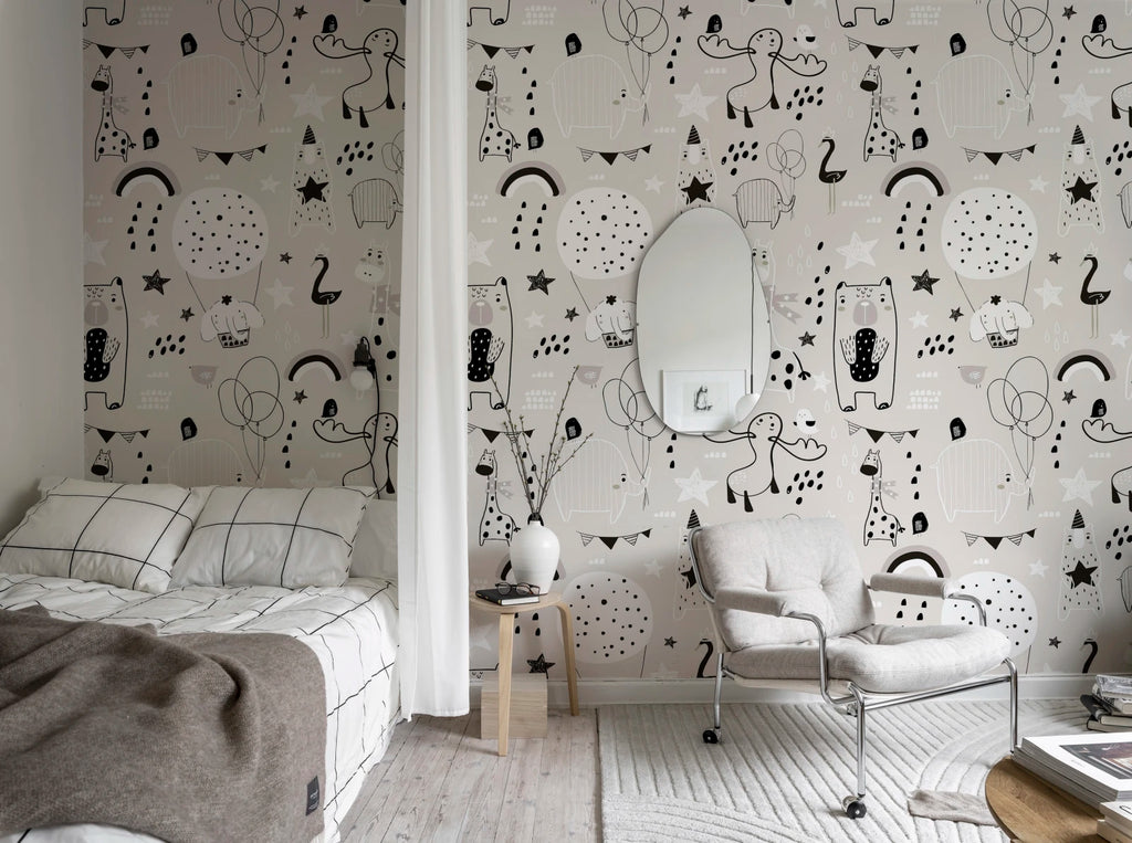Happy Animals, Gray Wallcoverings