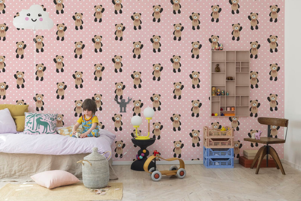 Hello Bear, Baby Pink Wallcoverings