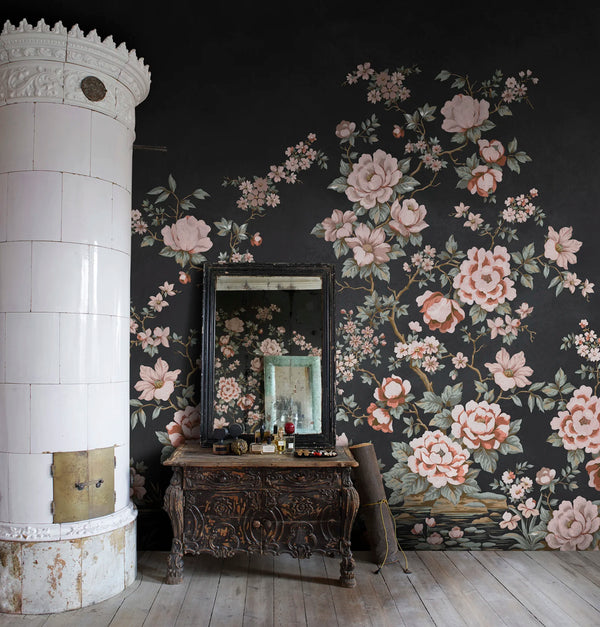 Floral Chinoiserie, Black Wallcoverings | Rebel Walls